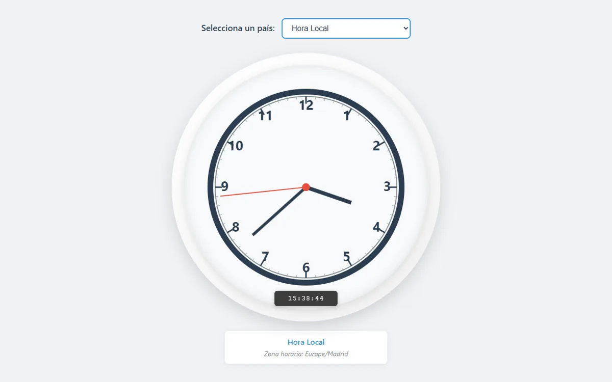 Reloj mundial con selector de país